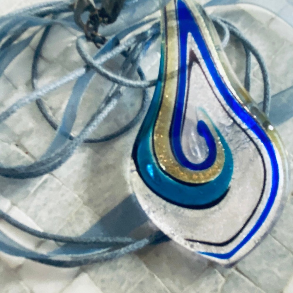 Large clear,blue and gold art glass pendant,‎ cord necklace